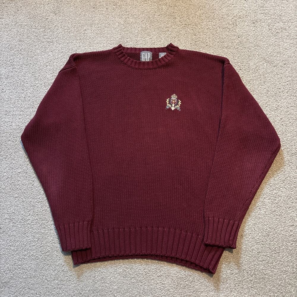 Gap Vintage 90s Heavy 100% Cotton Thick Red Knit Sweater Men Size M Embroidered